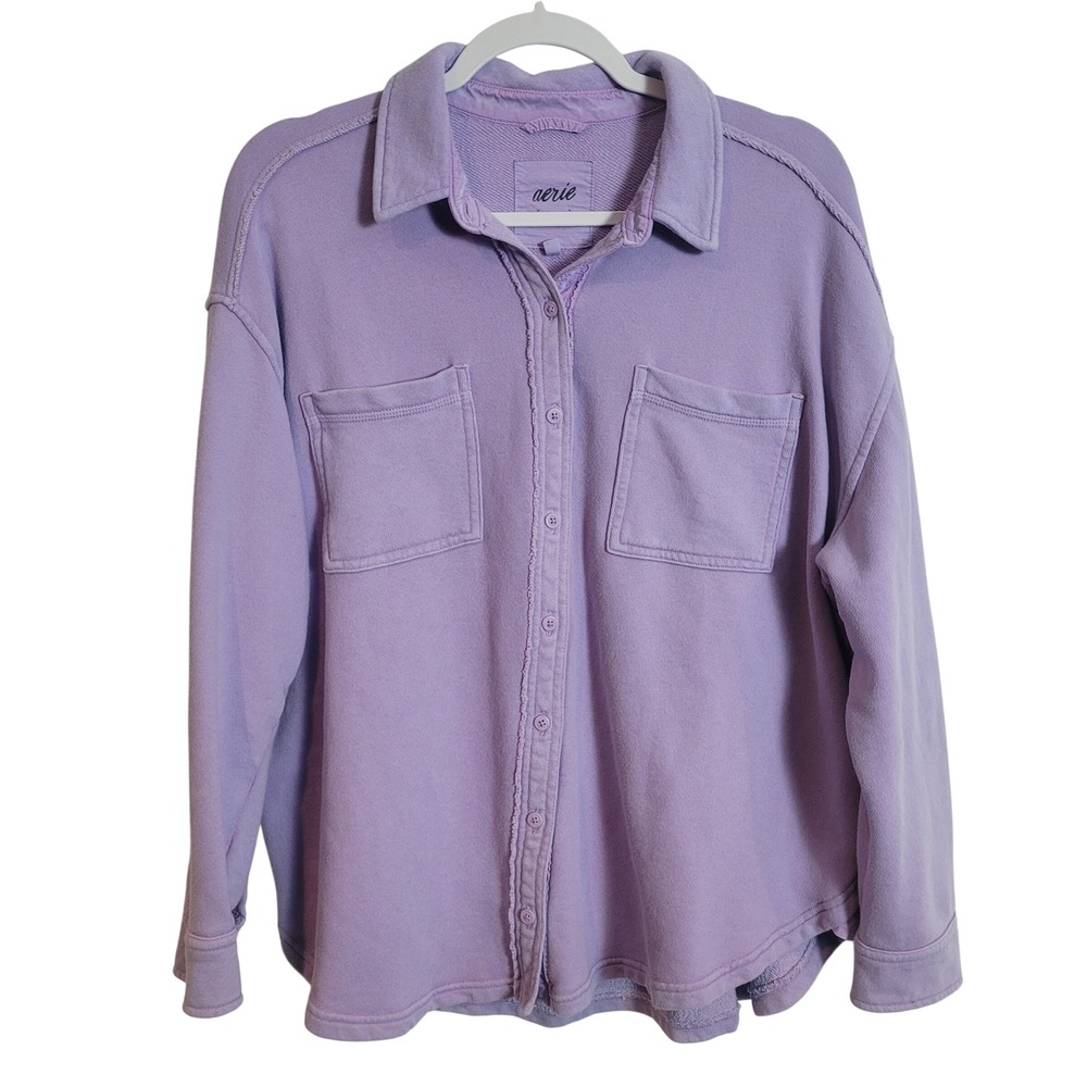 Aerie Women Purple French Terry Button Down Shacket Shirt Small Lavender Relaxed